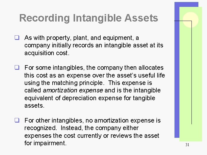 Recording Intangible Assets q As with property, plant, and equipment, a company initially records
