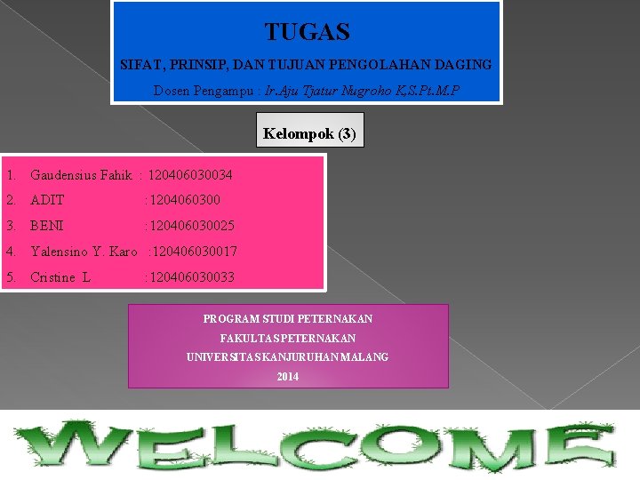 TUGAS SIFAT, PRINSIP, DAN TUJUAN PENGOLAHAN DAGING Dosen Pengampu : Ir. Aju Tjatur Nugroho TUGAS SIFAT, PRINSIP, DAN TUJUAN PENGOLAHAN DAGING Dosen Pengampu : Ir. Aju Tjatur Nugroho