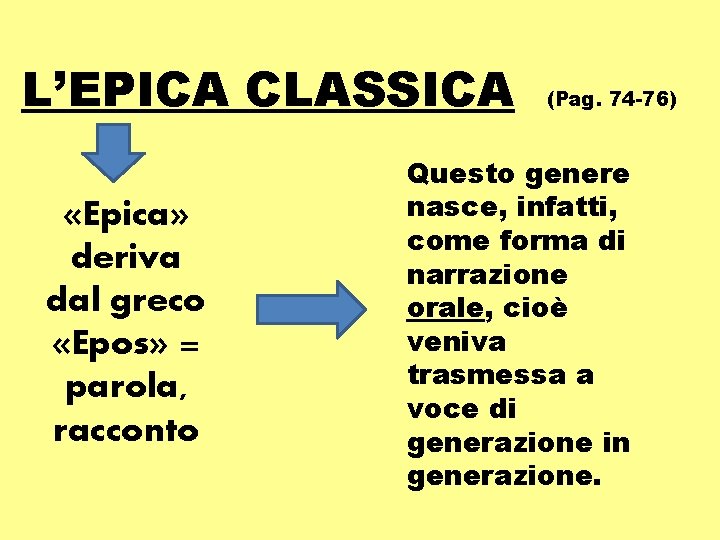 L’EPICA CLASSICA «Epica» deriva dal greco «Epos» = parola, racconto (Pag. 74 -76) Questo
