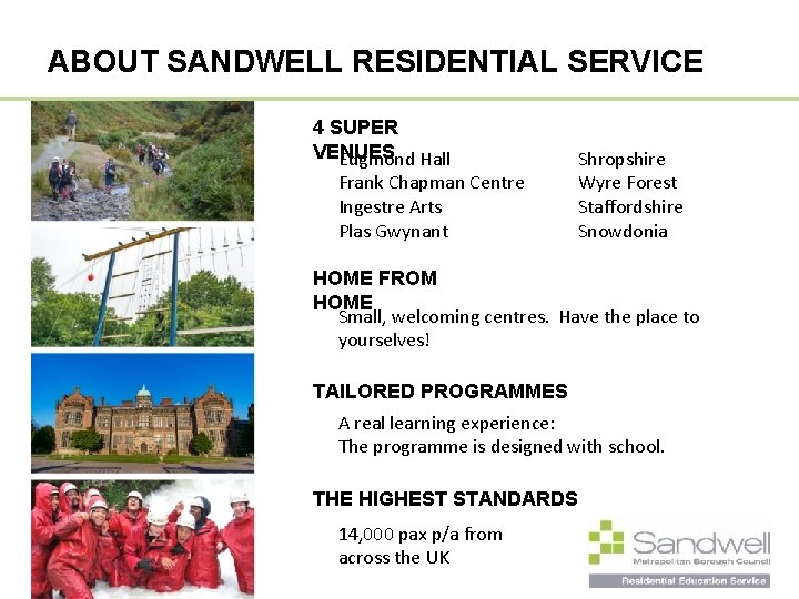 ABOUT SANDWELL RESIDENTIAL SERVICE 4 SUPER VENUES Edgmond Hall Frank Chapman Centre Ingestre Arts