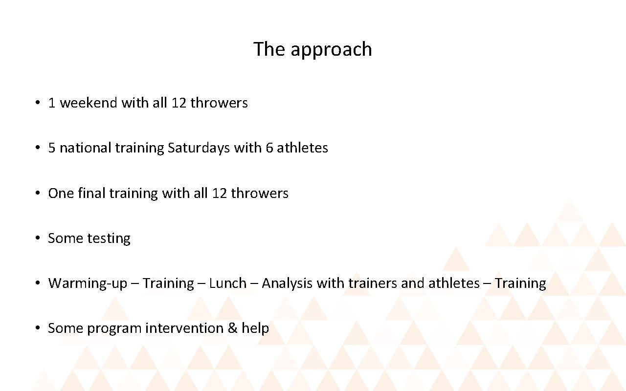 The approach • 1 weekend with all 12 throwers • 5 national training Saturdays