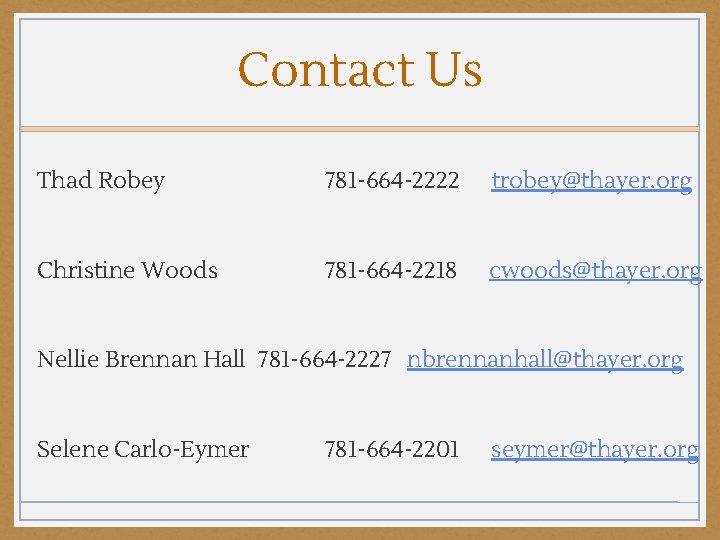 Contact Us Thad Robey 781 -664 -2222 trobey@thayer. org Christine Woods 781 -664 -2218