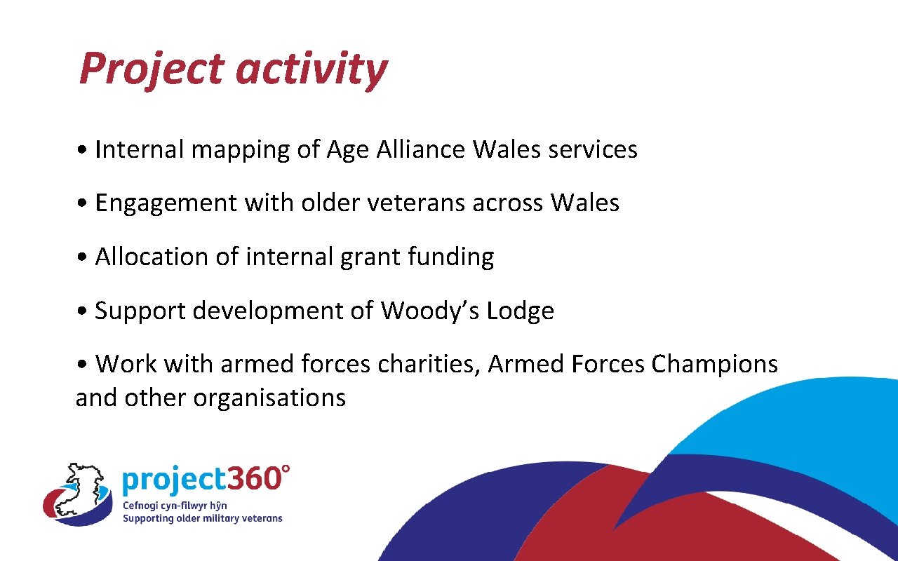 Project activity • Internal mapping of Age Alliance Wales services • Engagement with older