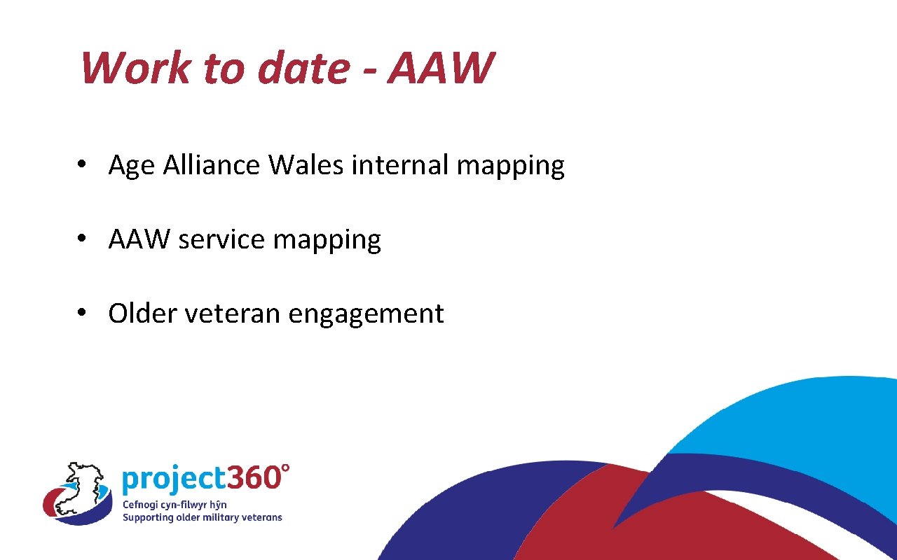 Work to date - AAW • Age Alliance Wales internal mapping • AAW service