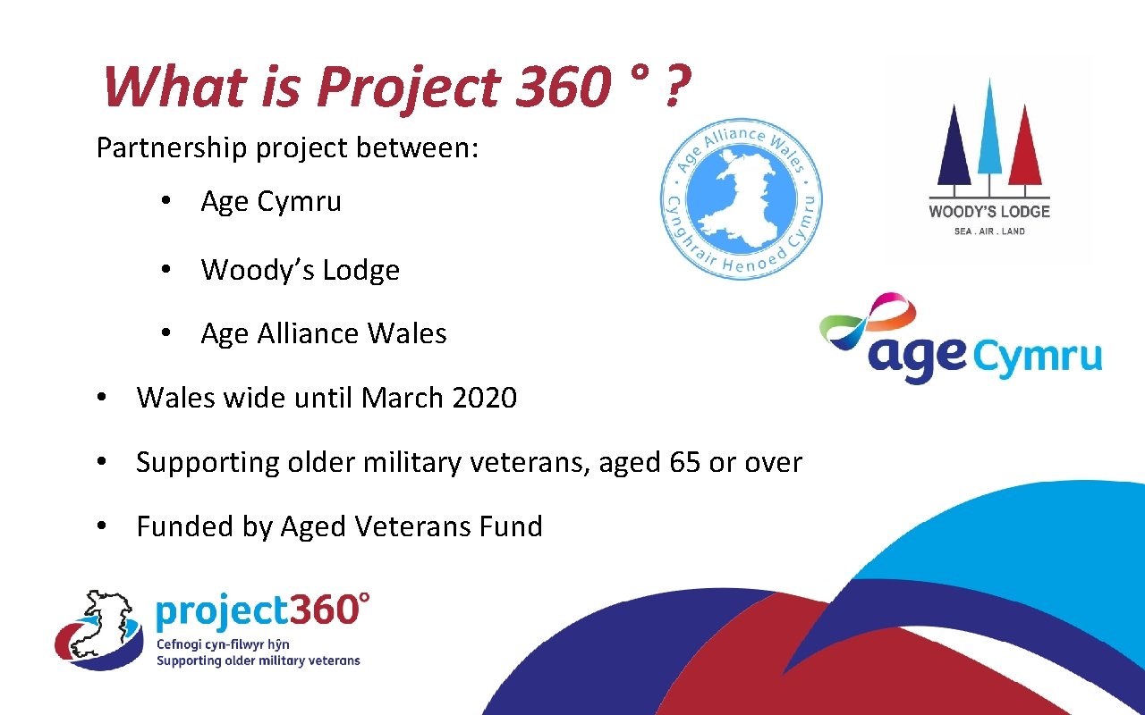 What is Project 360 ° ? Partnership project between: • Age Cymru • Woody’s