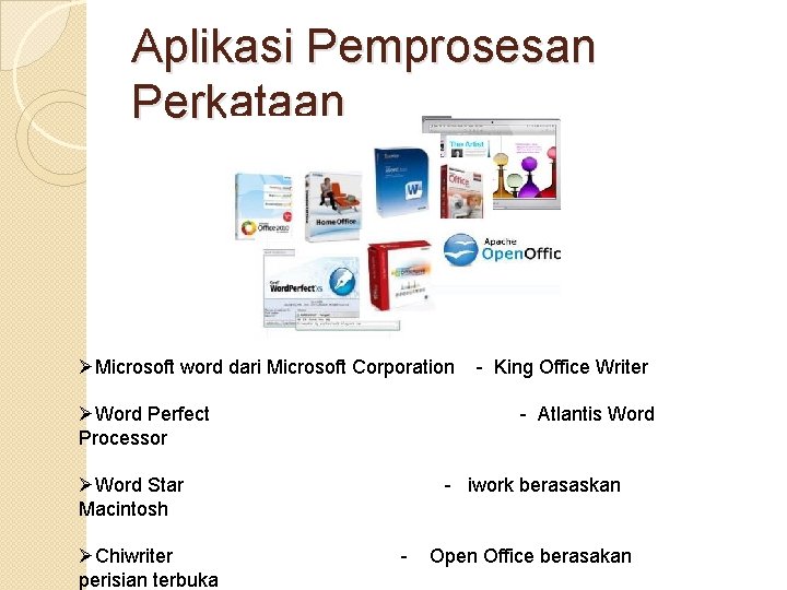 Aplikasi Pemprosesan Perkataan ØMicrosoft word dari Microsoft Corporation ØWord Perfect Processor - Atlantis Word Aplikasi Pemprosesan Perkataan ØMicrosoft word dari Microsoft Corporation ØWord Perfect Processor - Atlantis Word
