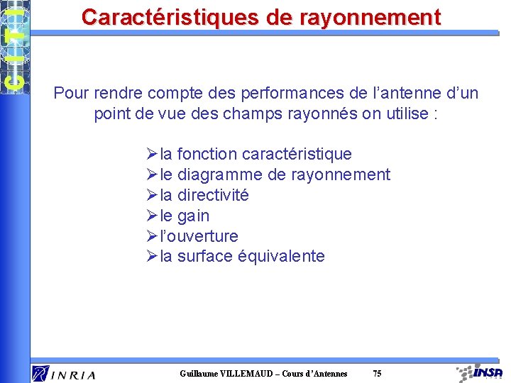 Caractéristiques de rayonnement Pour rendre compte des performances de l’antenne d’un point de vue