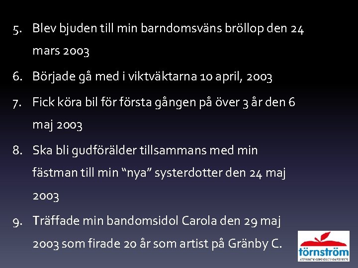 5. Blev bjuden till min barndomsväns bröllop den 24 mars 2003 6. Började gå 5. Blev bjuden till min barndomsväns bröllop den 24 mars 2003 6. Började gå