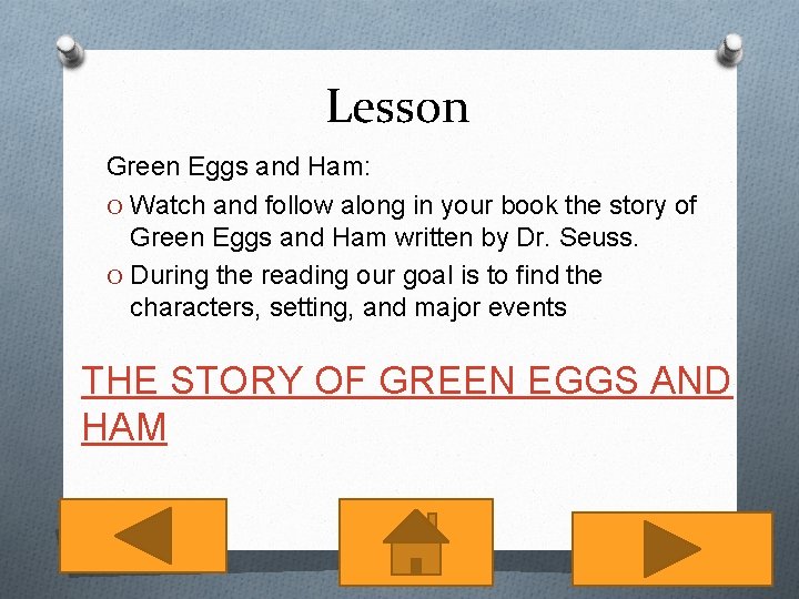 Lesson Green Eggs and Ham: O Watch and follow along in your book the