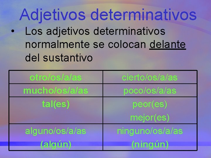 Adjetivos determinativos • Los adjetivos determinativos normalmente se colocan delante del sustantivo otro/os/a/as mucho/os/a/as