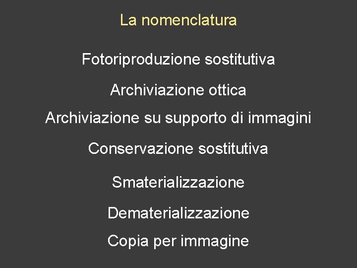 La nomenclatura Fotoriproduzione sostitutiva Archiviazione ottica Archiviazione su supporto di immagini Conservazione sostitutiva Smaterializzazione