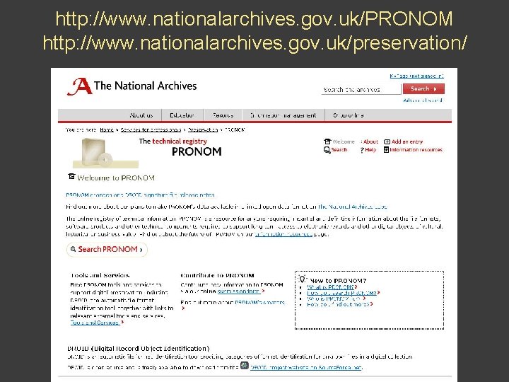 http: //www. nationalarchives. gov. uk/PRONOM http: //www. nationalarchives. gov. uk/preservation/ 