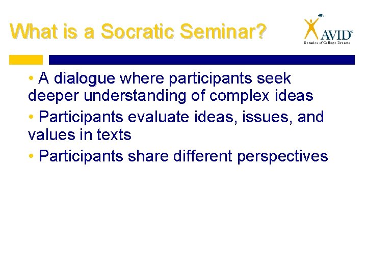 What is a Socratic Seminar? • A dialogue where participants seek deeper understanding of