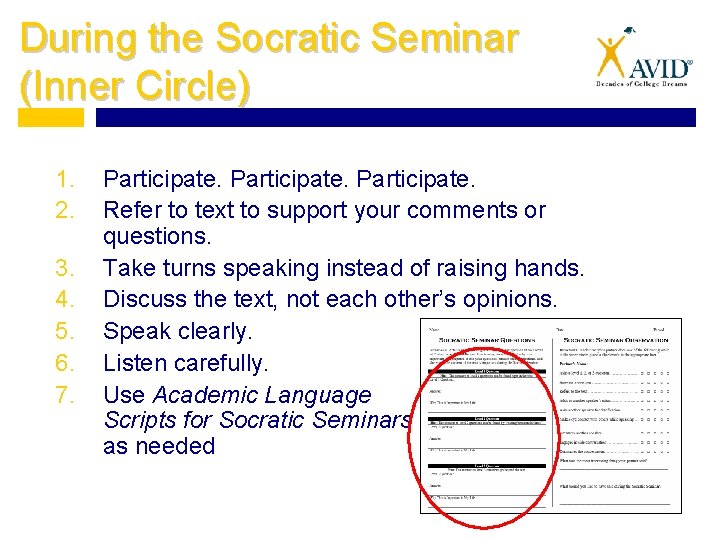 During the Socratic Seminar (Inner Circle) 1. 2. 3. 4. 5. 6. 7. Participate.