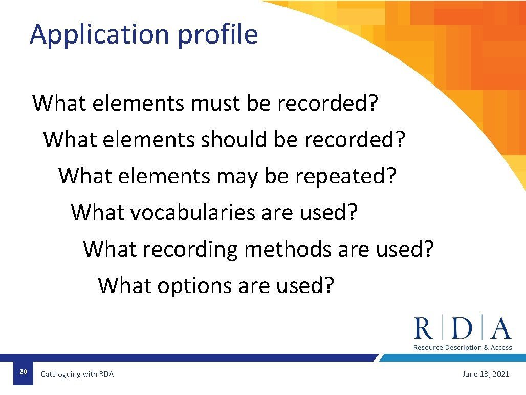 Application profile What elements must be recorded? What elements should be recorded? What elements