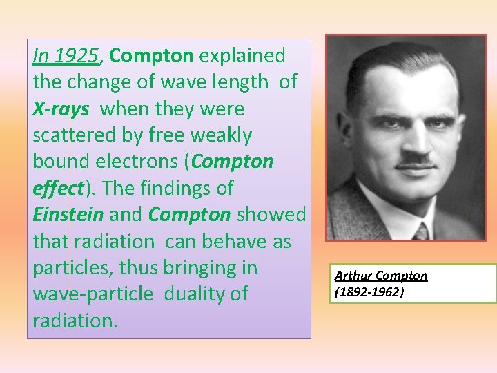 In 1925, Compton explained the change of wave length of X-rays when they were