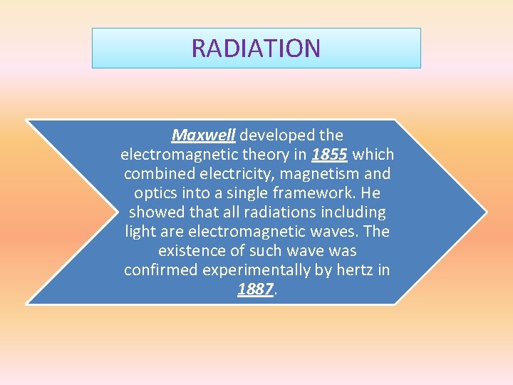 RADIATION Maxwell developed the electromagnetic theory in 1855 which combined electricity, magnetism and optics