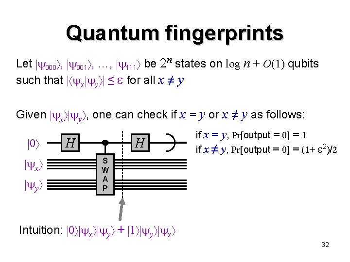 Quantum fingerprints Let 000 , 001 , …, 111 be 2 n states on