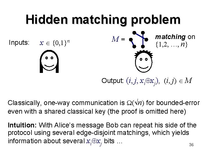 Hidden matching problem Inputs: x {0, 1}n M= matching on {1, 2, …, n}