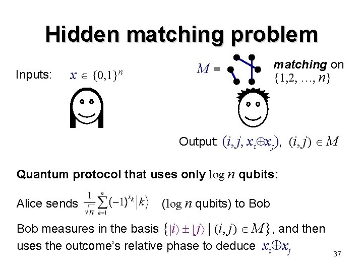 Hidden matching problem Inputs: x {0, 1}n M= matching on {1, 2, …, n}