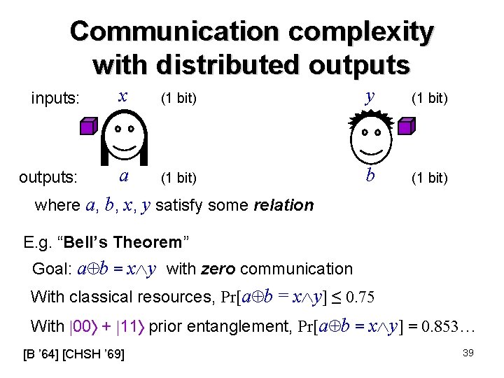 Communication complexity with distributed outputs (1 bit) y (1 bit) a (1 bit) where