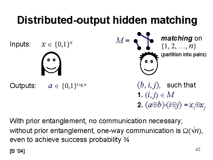Distributed-output hidden matching Inputs: x {0, 1}n M= matching on {1, 2, …, n}