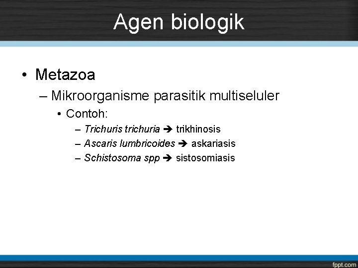 Agen biologik • Metazoa – Mikroorganisme parasitik multiseluler • Contoh: – Trichuris trichuria trikhinosis