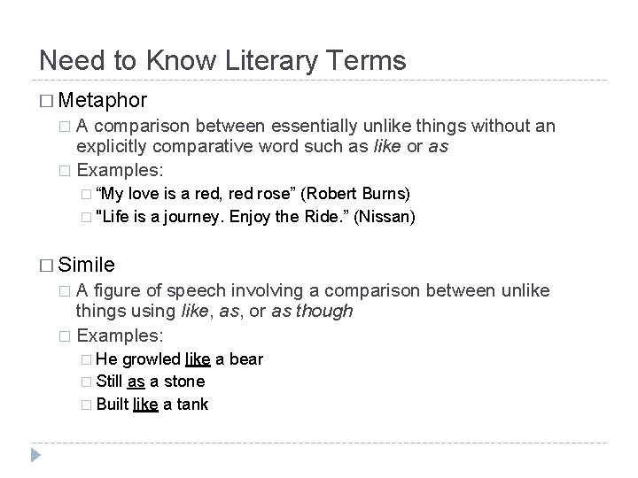 Need to Know Literary Terms � Metaphor A comparison between essentially unlike things without