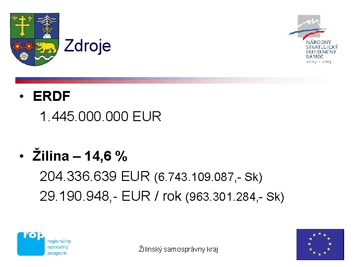 Zdroje • ERDF 1. 445. 000 EUR • Žilina – 14, 6 % 204.