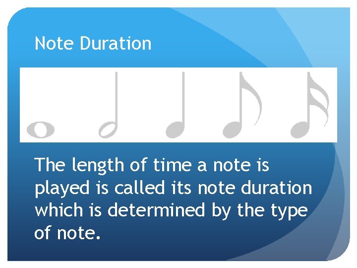 Note Duration The length of time a note is played is called its note