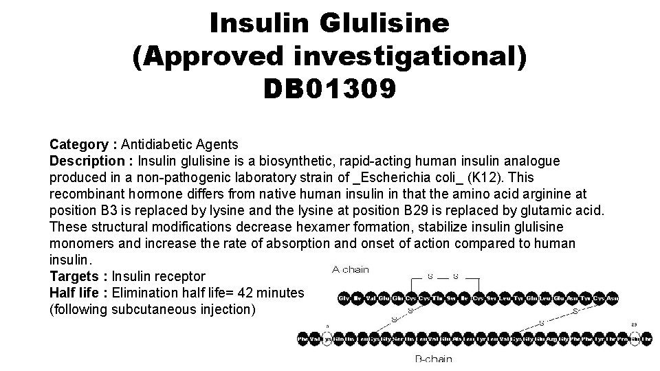Insulin Glulisine (Approved investigational) DB 01309 Category : Antidiabetic Agents Description : Insulin glulisine