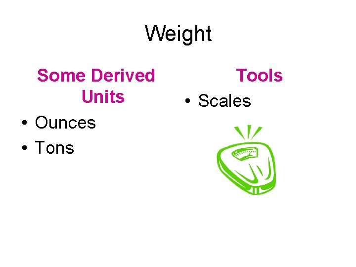 Weight Some Derived Units • Ounces • Tons Tools • Scales 