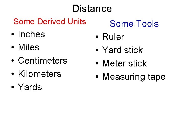 Distance Some Derived Units • • • Inches Miles Centimeters Kilometers Yards • •