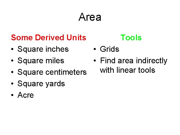 Area Some Derived Units Tools • Square inches • Grids • Square miles •
