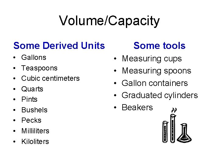 Volume/Capacity Some Derived Units • • • Gallons Teaspoons Cubic centimeters Quarts Pints Bushels