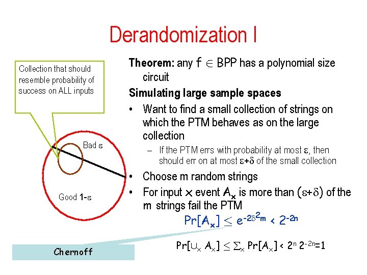 Derandomization I Collection that should resemble probability of success on ALL inputs Bad Good