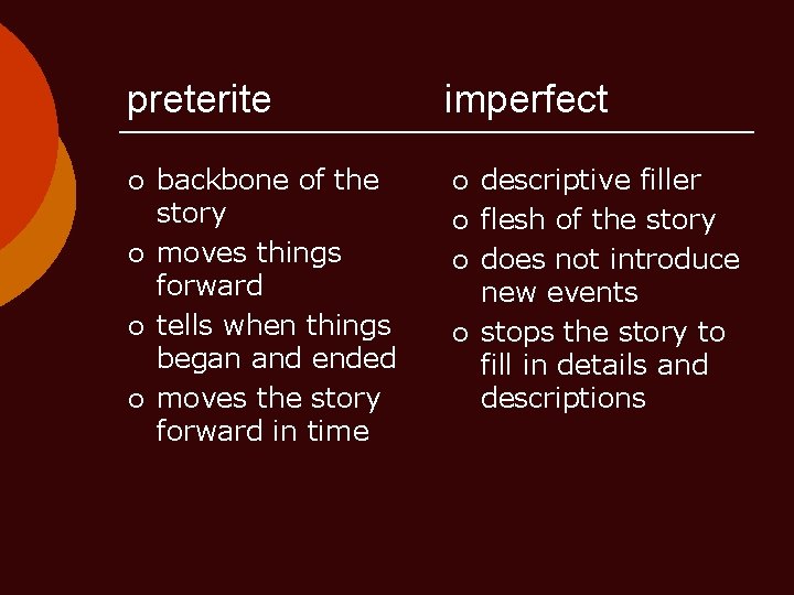 preterite ¡ ¡ backbone of the story moves things forward tells when things began preterite ¡ ¡ backbone of the story moves things forward tells when things began