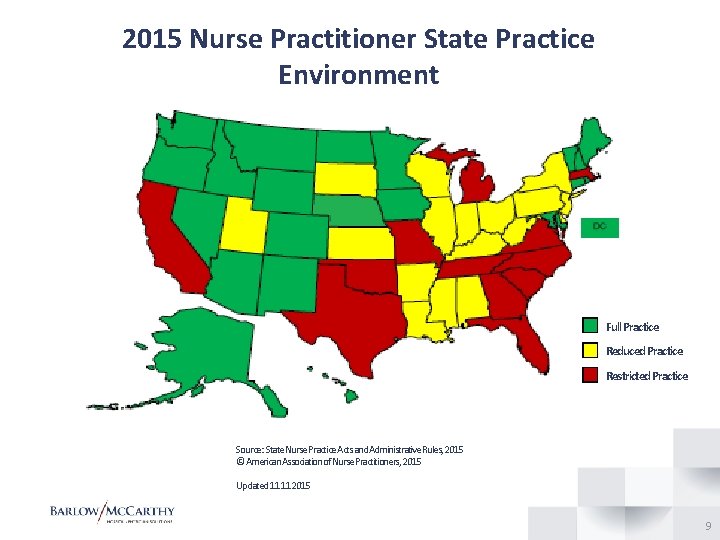 2015 Nurse Practitioner State Practice Environment Full Practice Reduced Practice Restricted Practice Source: State