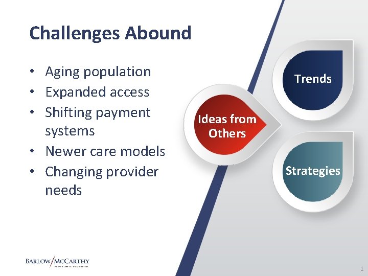 Challenges Abound • Aging population • Expanded access • Shifting payment systems • Newer