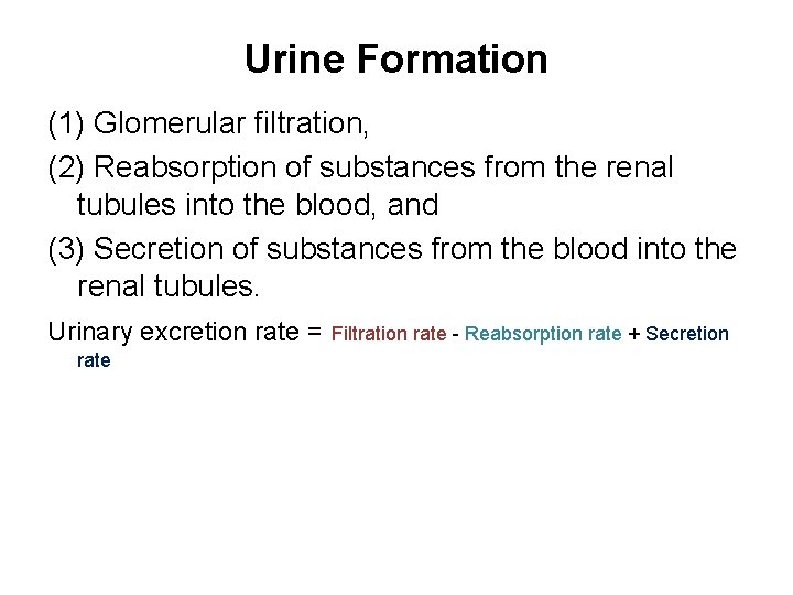 Urine Formation (1) Glomerular filtration, (2) Reabsorption of substances from the renal tubules into