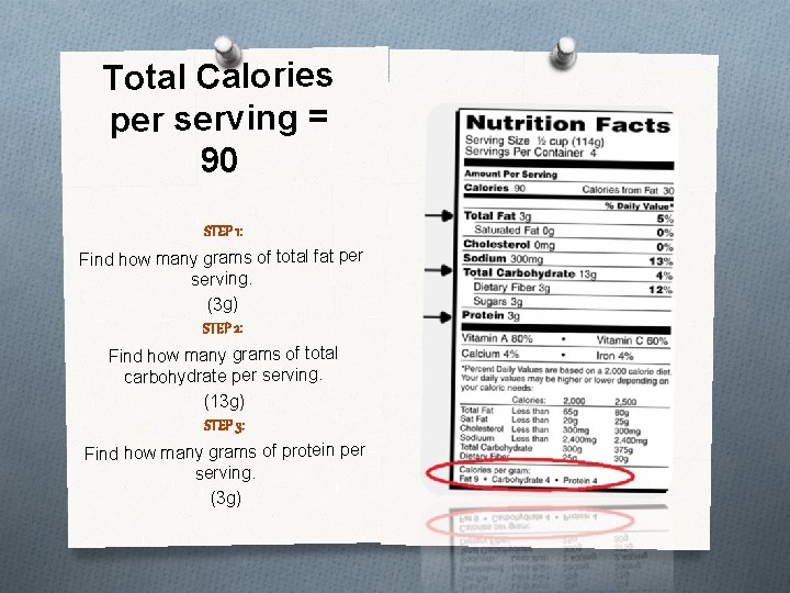 Total Calories per serving = 90 STEP 1: Find how many grams of total