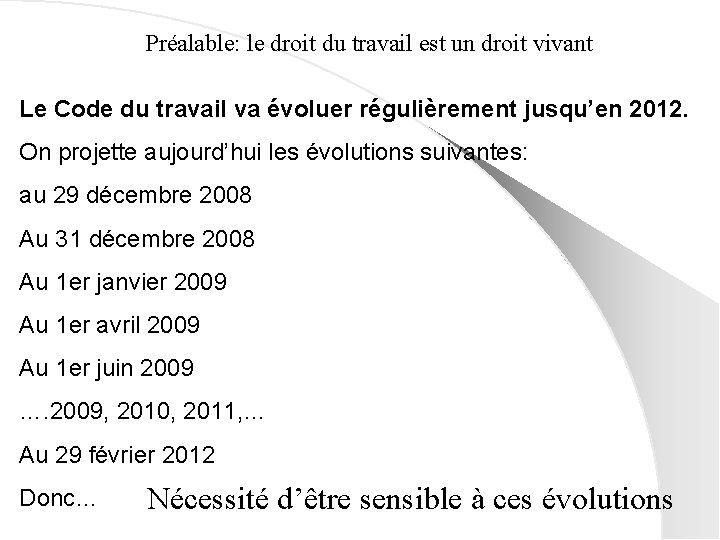 Préalable: le droit du travail est un droit vivant Le Code du travail va