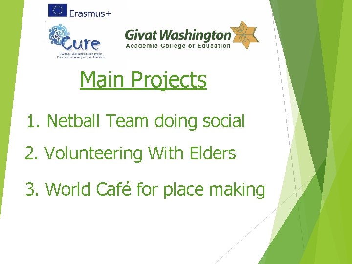 Main Projects 1. Netball Team doing social 2. Volunteering With Elders 3. World Café