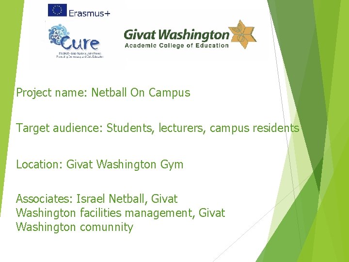 Project name: Netball On Campus Target audience: Students, lecturers, campus residents Location: Givat Washington
