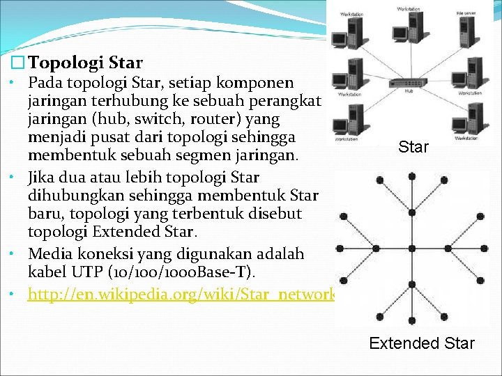 � Topologi Star • Pada topologi Star, setiap komponen jaringan terhubung ke sebuah perangkat