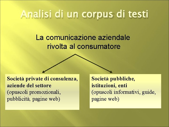 Analisi di un corpus di testi La comunicazione aziendale rivolta al consumatore Società private