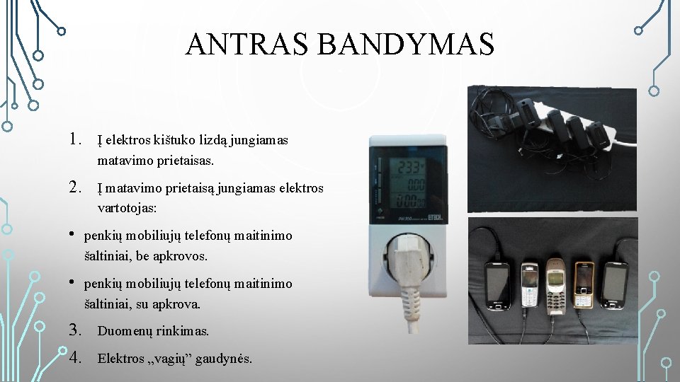 ANTRAS BANDYMAS 1. Į elektros kištuko lizdą jungiamas matavimo prietaisas. 2. Į matavimo prietaisą