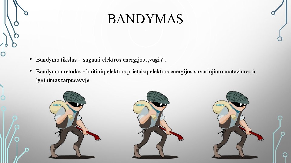 BANDYMAS • Bandymo tikslas - sugauti elektros energijos „vagis”. • Bandymo metodas - buitinių