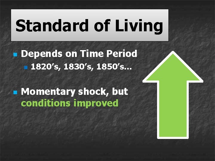 Standard of Living n Depends on Time Period n n 1820’s, 1830’s, 1850’s… Momentary Standard of Living n Depends on Time Period n n 1820’s, 1830’s, 1850’s… Momentary