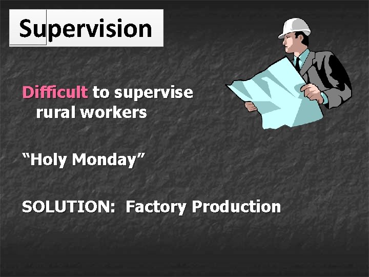 Supervision Difficult to supervise rural workers “Holy Monday” SOLUTION: Factory Production Supervision Difficult to supervise rural workers “Holy Monday” SOLUTION: Factory Production